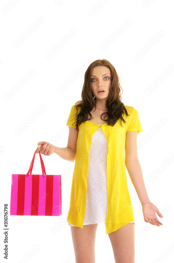 surprised woman with shopping bag
