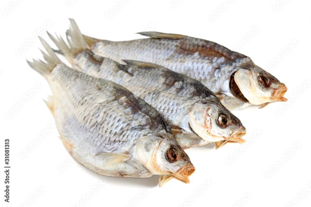 Dried fishes isolated on white background