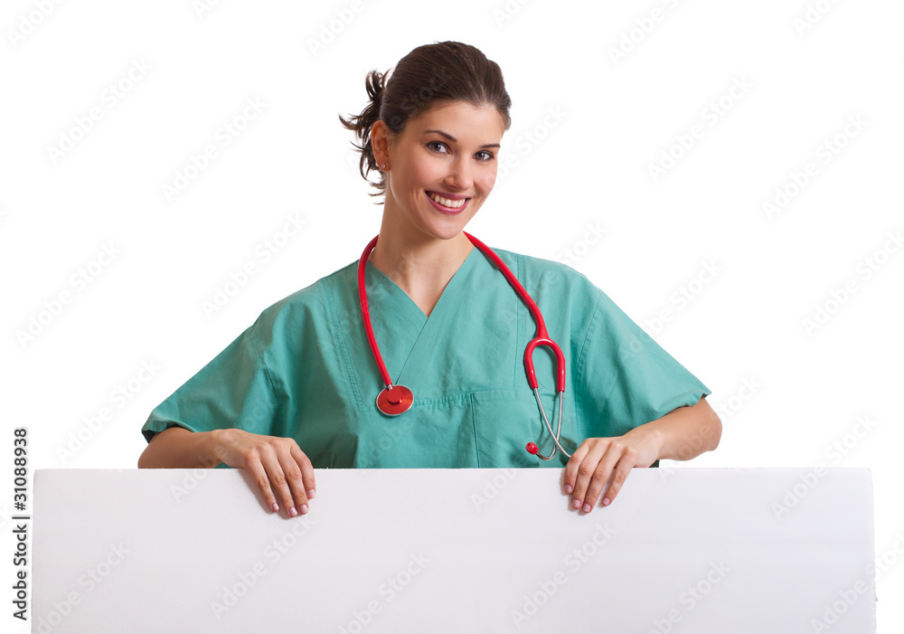 Krankenschwester hält Werbetafel in den Händen Krankenschwester hält Werbetafel in den Händen