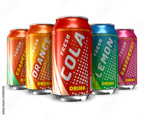 Set of refreshing soda drinks in metal cans