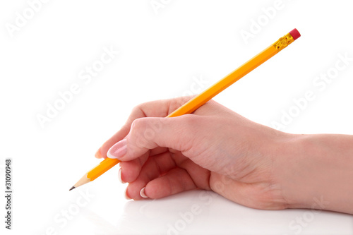 woman hand writing yellow wood pencil
