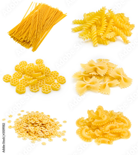 Collection of italian pasta on white