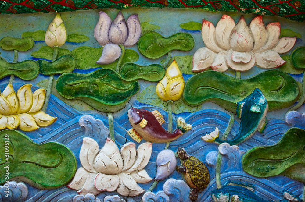 Art of Thailand in buddhism temple wall