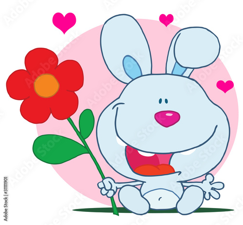 Happy bunny holds flower