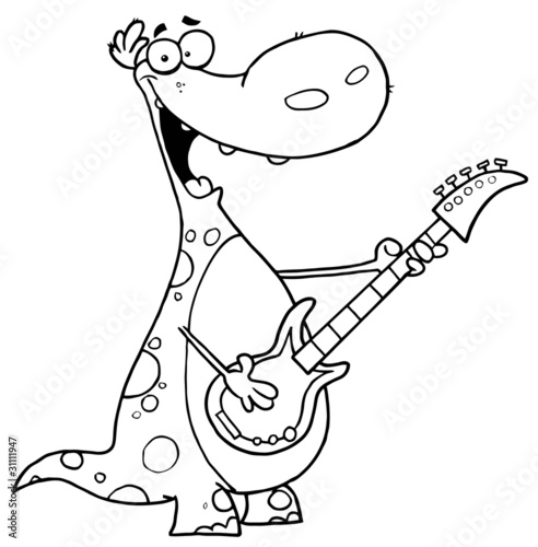 Outlined Mascot Cartoon Character Guitarist Dino © HitToon.com