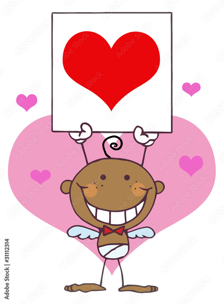 Stick Black Boy Cupid Holding A Red Heart Sign Stick Black Boy Cupid Holding A Red Heart Sign