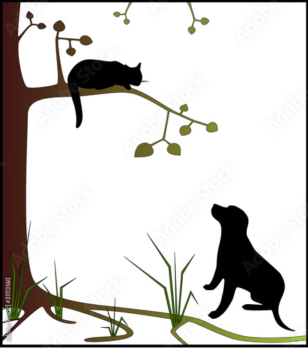 Cat on tree and dog