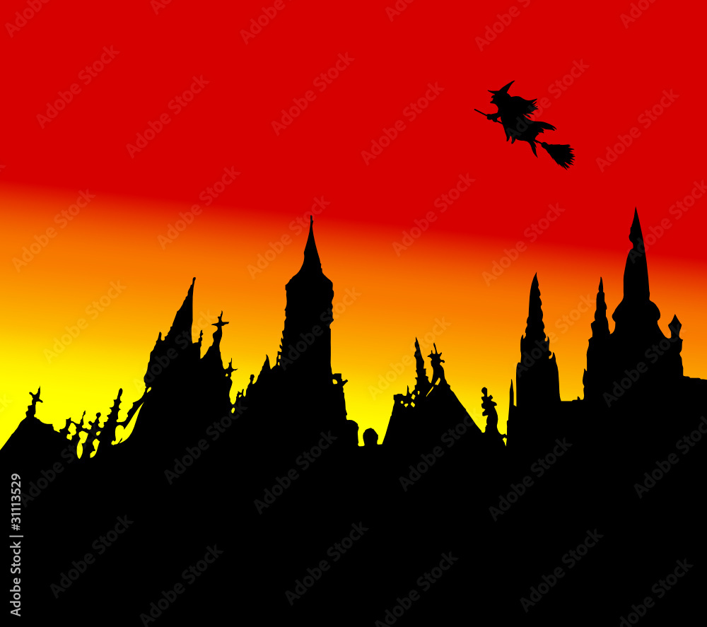 castle and a witch on a broomstick vector illustration