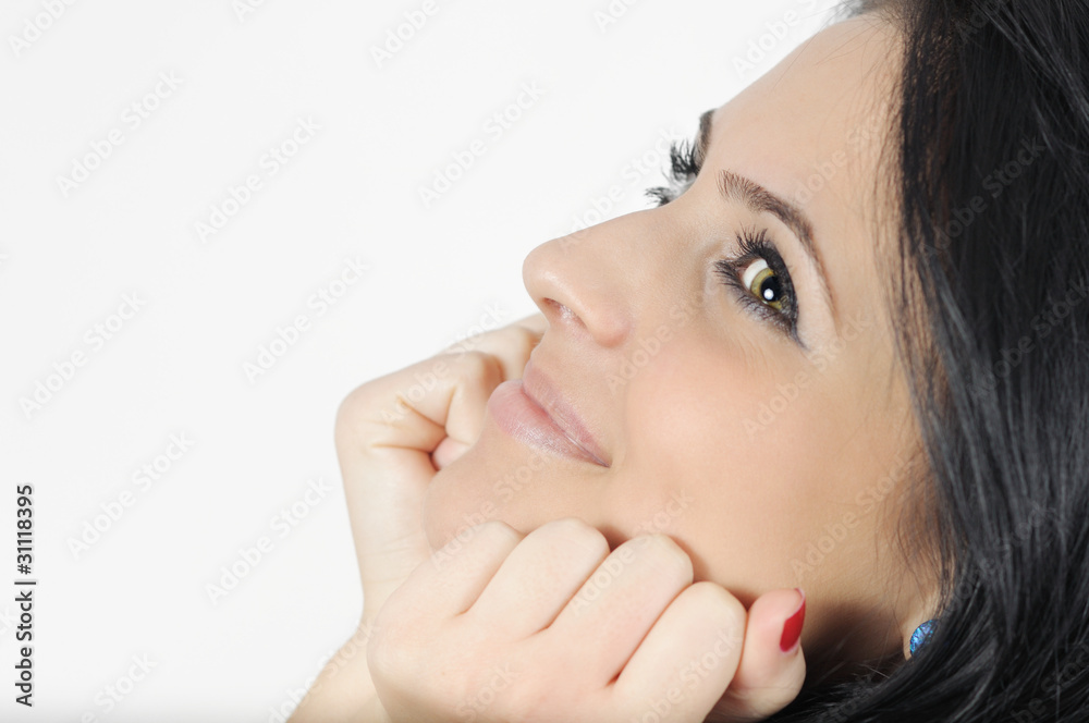 beautiful smiling young woman dreaming and looking up beautiful smiling young woman dreaming and looking up