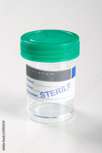 Photography empty medical sterile specimen collection bottle