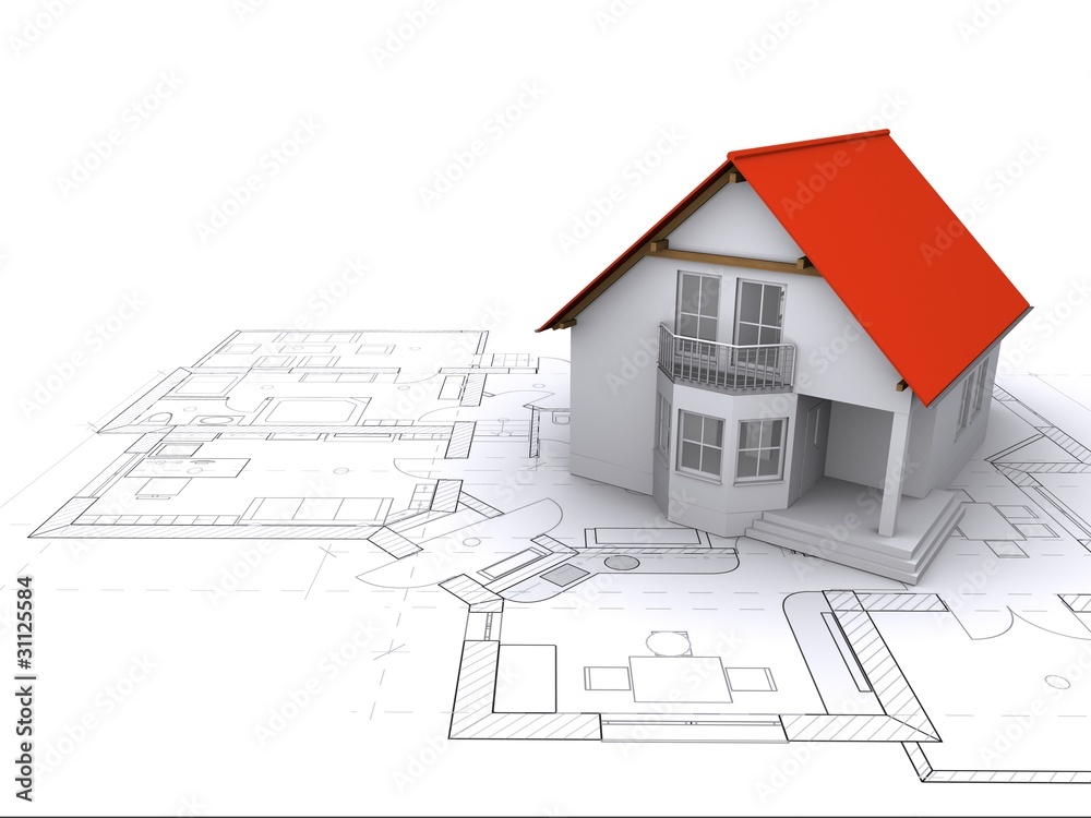 house against background of engineering drawings