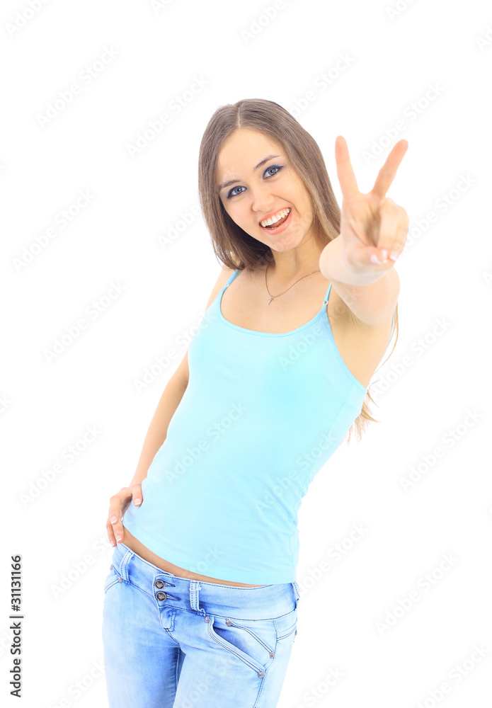 The beautiful young woman on a white background