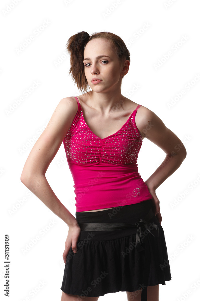 Pretty teenager girl wearing pink shirt and blak skirt with pony Pretty teenager girl wearing pink shirt and blak skirt with pony