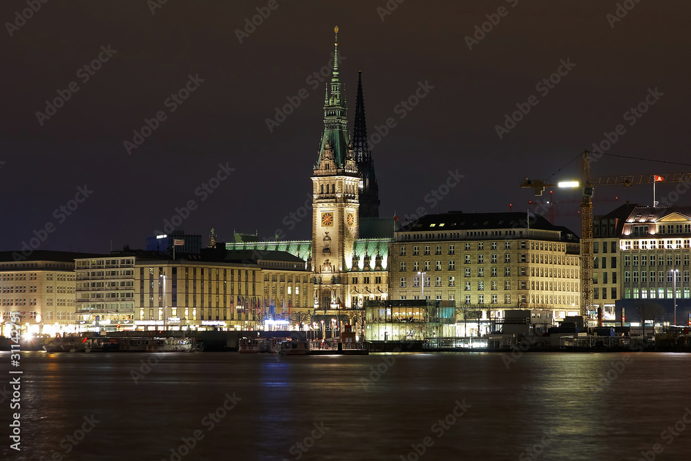 Night view of the Hamburg City Hall from the lake Binnenalster