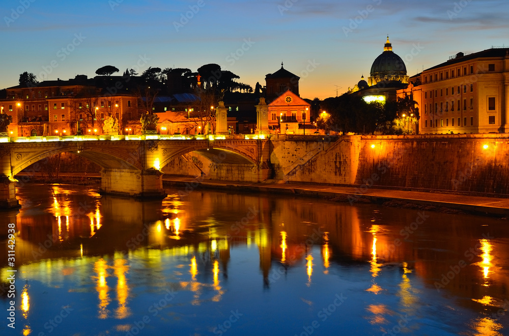 Night view on the on the Tiber River, Roma