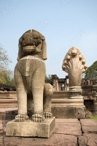 Singh statues at Phimai historical park in Thailand