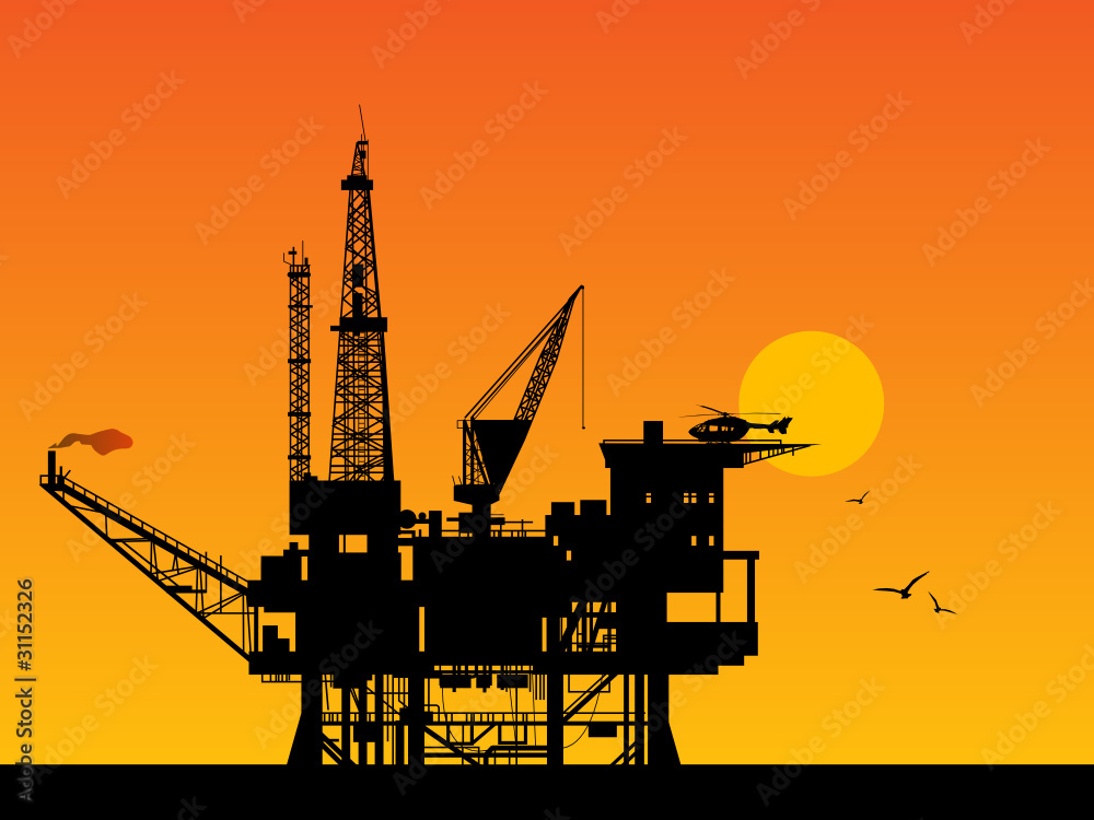Oil rig in sea and sunrise, vector illustration