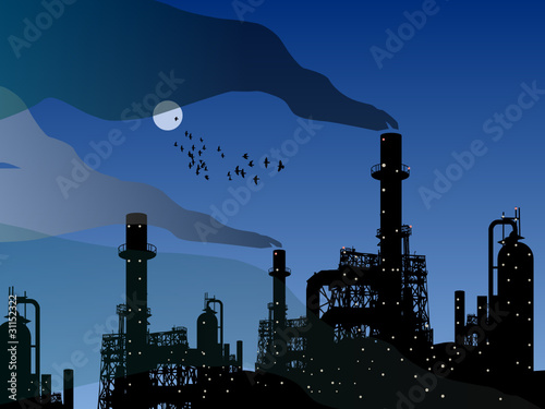 Oil refinery factory and night, vector illustration