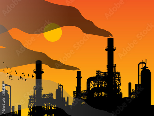 Oil refinery factory and sunset, vector illustration