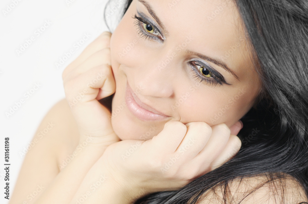 closeup portrait of a lovely dreaming girl looking down closeup portrait of a lovely dreaming girl looking down