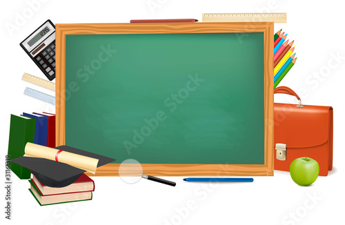 Back to school. Green desk with school supplies.