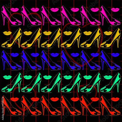 rows of multicolored high heel shoes with lips on black