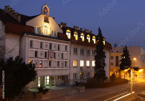 building of town Hall in Jaslo at night
