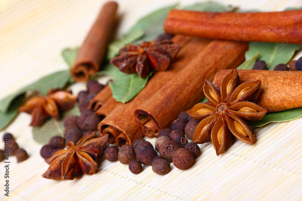Pack of several oriental spices, anise, cinnamon, pimento Pack of several oriental spices, anise, cinnamon, pimento