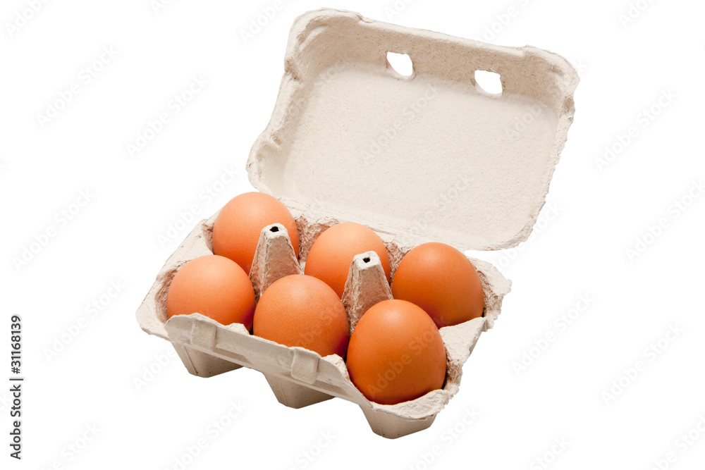 Open egg carton box showing six eggs isolated on white