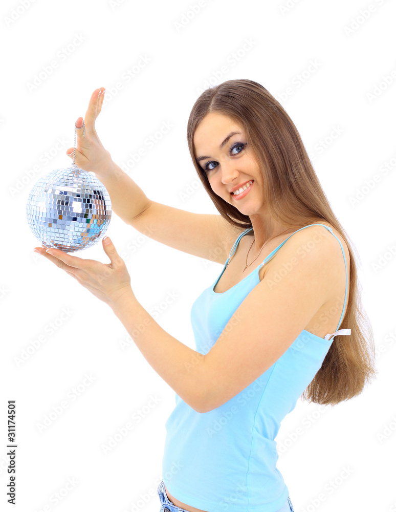 The girl with a mirror sphere on a white background The girl with a mirror sphere on a white background