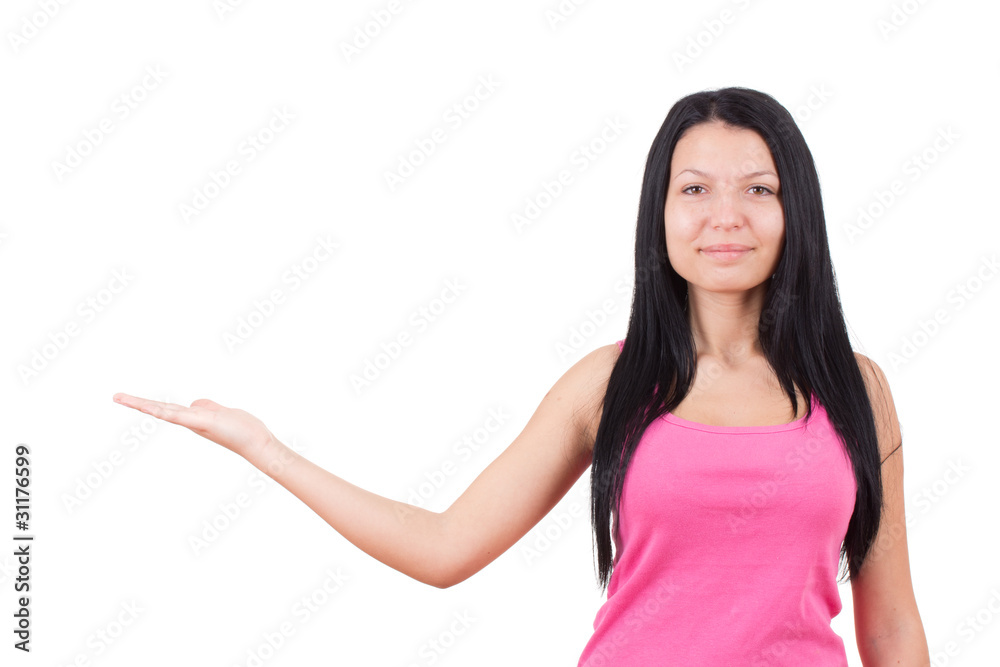 Smiling woman showing copy space for product Smiling woman showing copy space for product