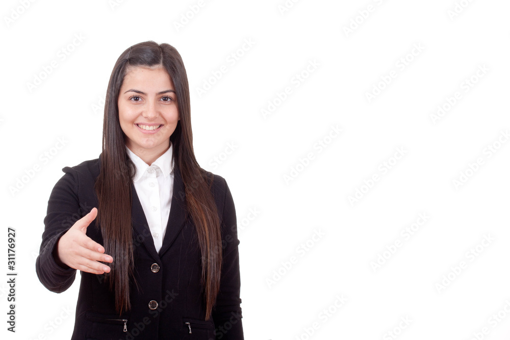 Portrait of beautiful young businesswoman with welcome gesture