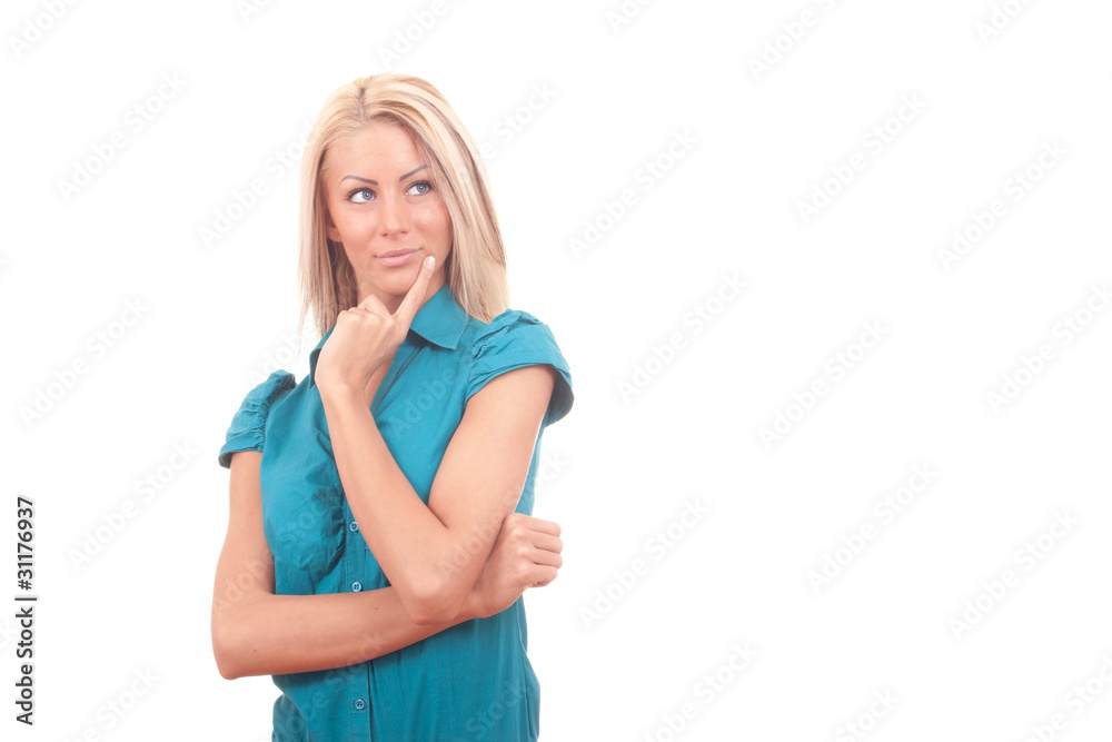 portrait of a happy young woman smiling and thinking portrait of a happy young woman smiling and thinking