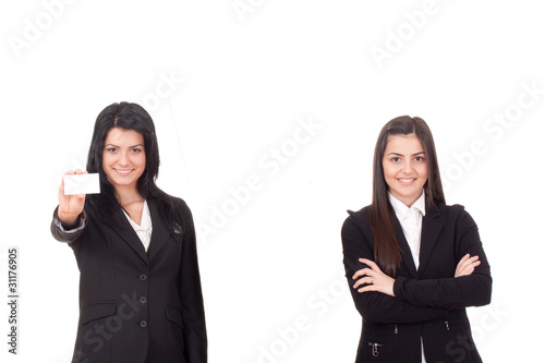 Bussiness women showing a blank card isolated