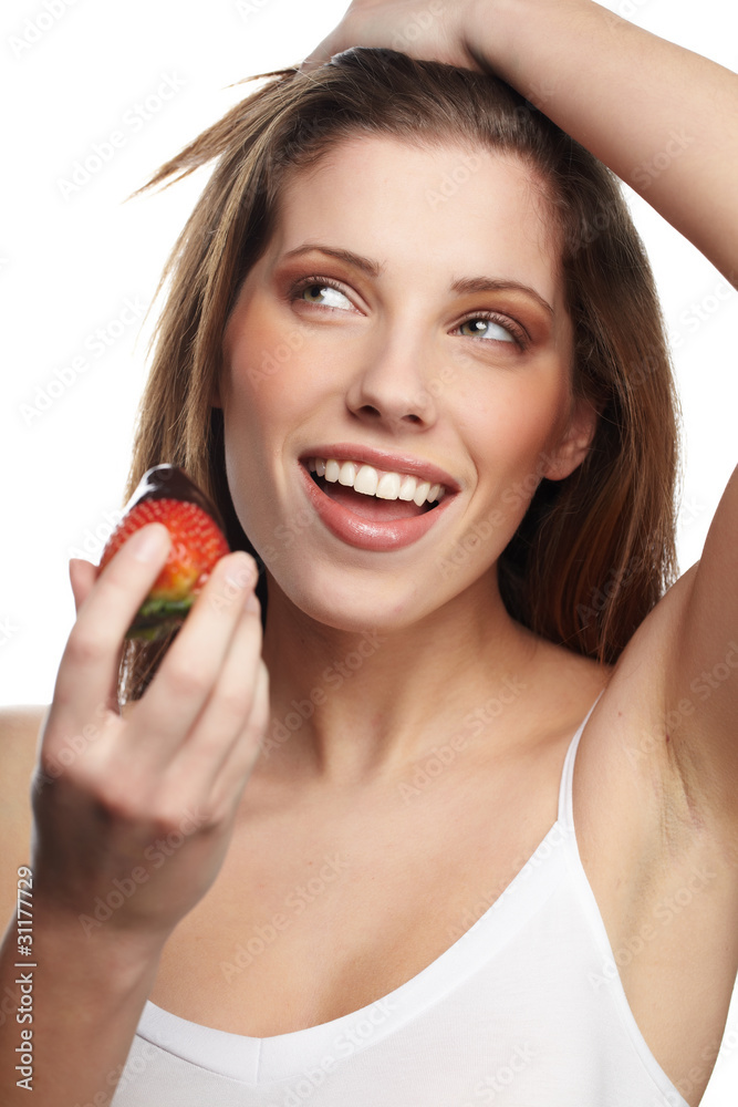 portrait of lying down woman with a strawberry portrait of lying down woman with a strawberry