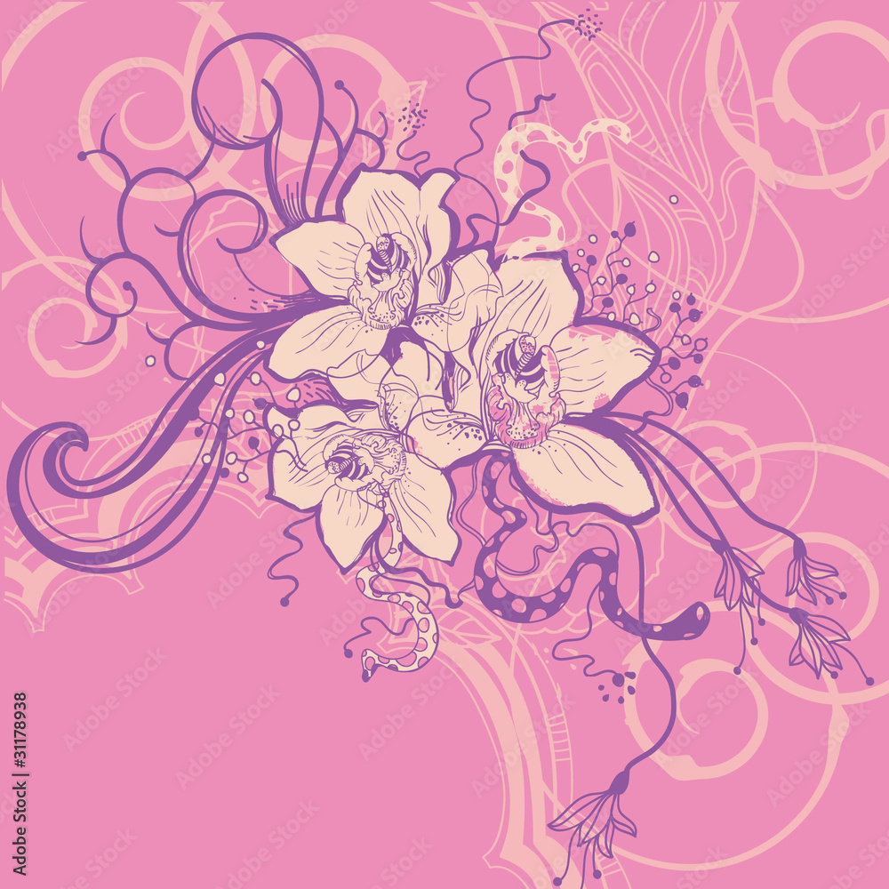 bright vector background with hand drawn orchids
