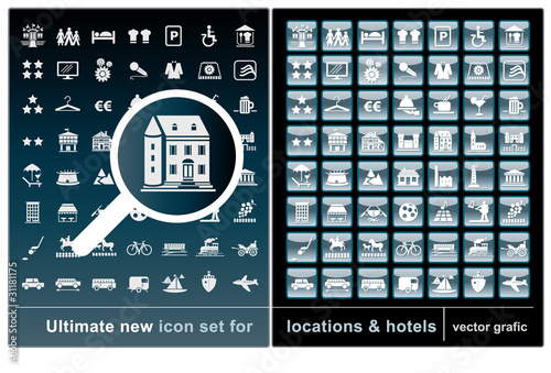 Location-Icon Set, Piktogramme, Ausstattungsmerkmale und Zeichen für Hotels und Gaststätten