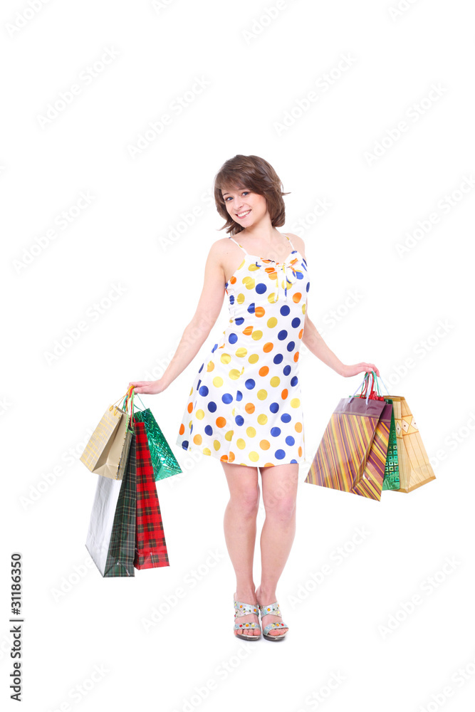 happy girl with purchases. white background, isolated happy girl with purchases. white background, isolated