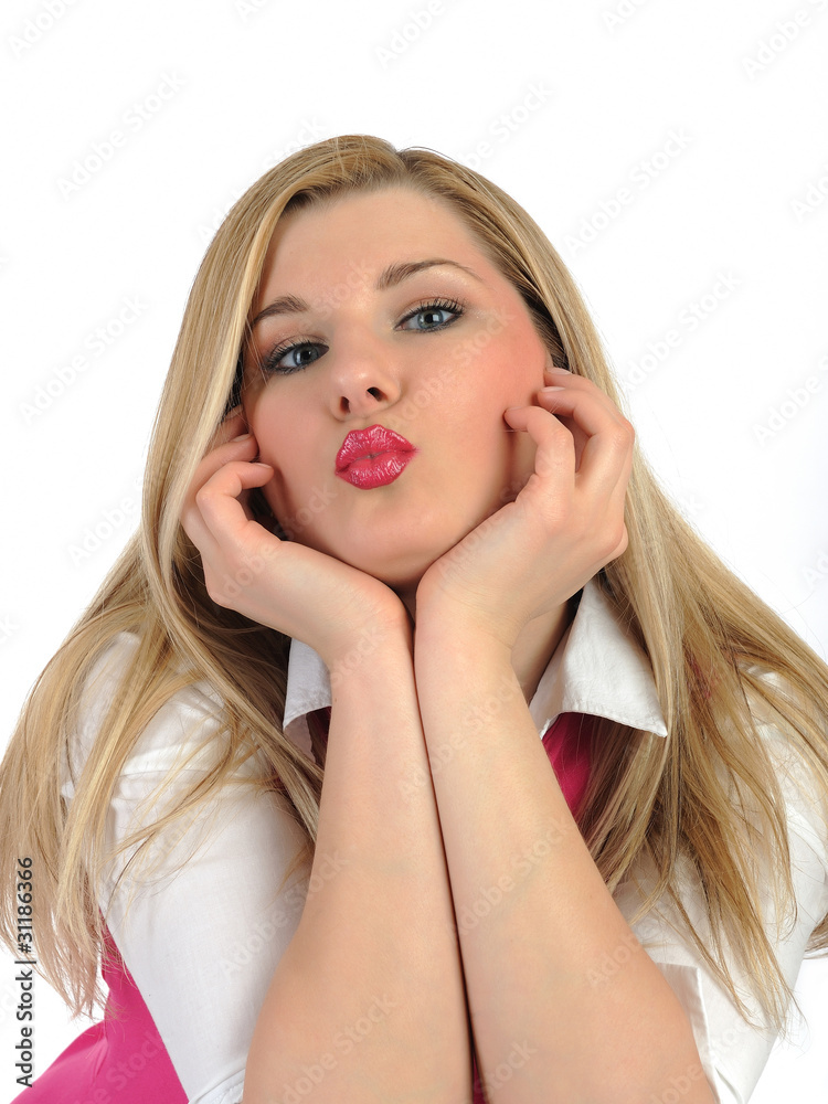 Pretty casual kissing female having fun. isolated on white Pretty casual kissing female having fun. isolated on white