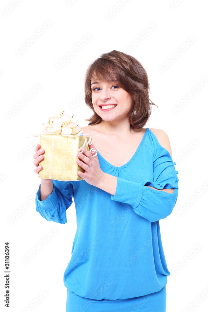 beautiful girl with a gift box. isolated , white background beautiful girl with a gift box. isolated , white background