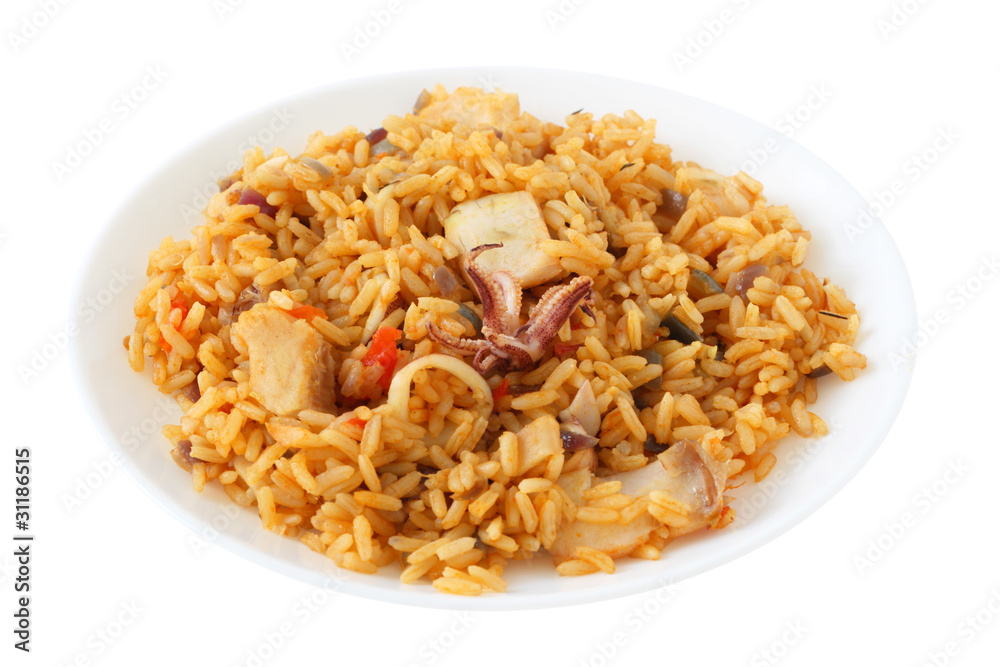 rice with squid and fish on a plate rice with squid and fish on a plate