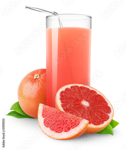 Isolated drink. Glass of juice and cut pink grapefruit isolated on white background