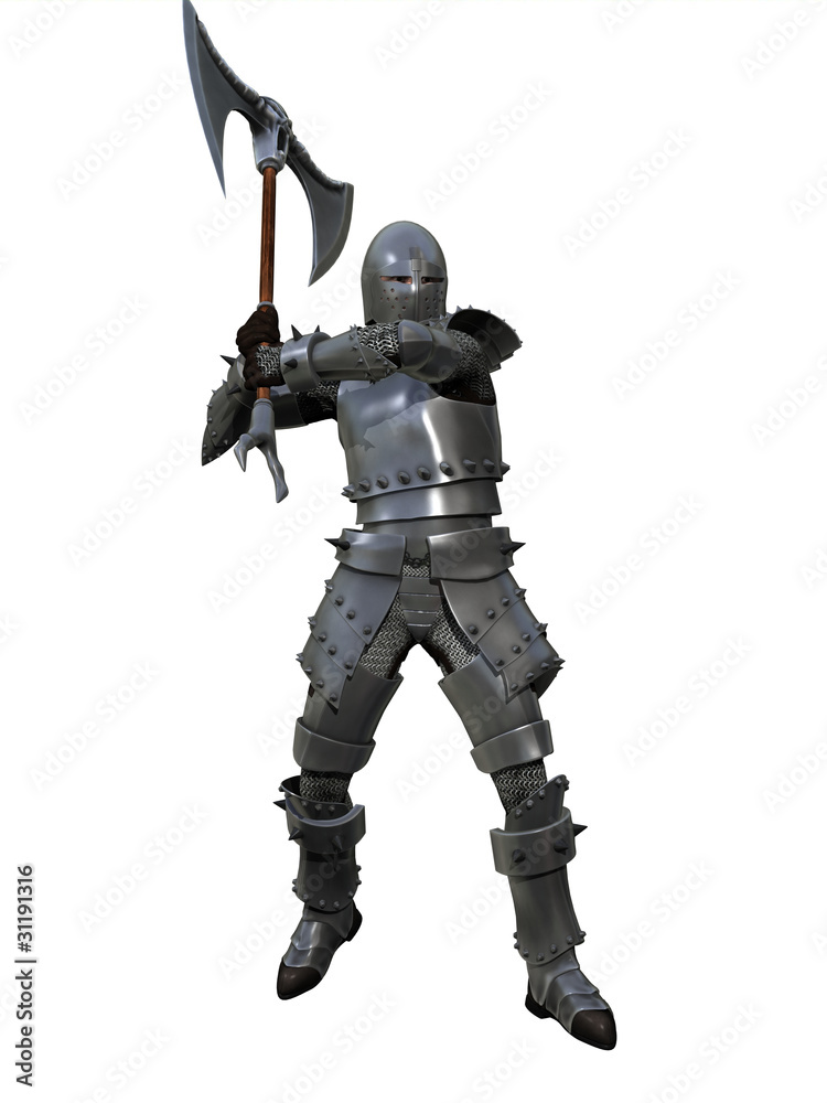 Armoured medieval knight brandishing war axe Armoured medieval knight brandishing war axe