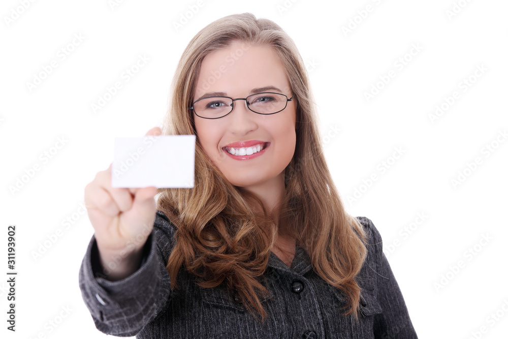 Businesswoman holding blank empty business card. Businesswoman holding blank empty business card.