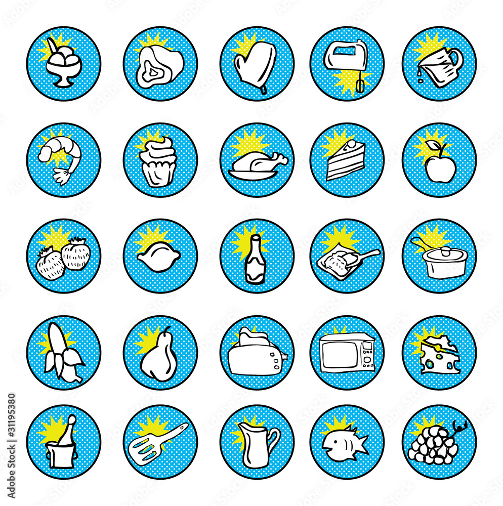 Food Icons and kitchen tools for cooking comic book style