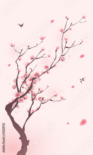 Naklejka na ścianę malarstwo w stylu orientalnym, wiosną kwiat wiśni