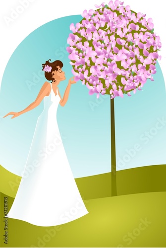 Ilustracja przedstawiająca kobietę w białej sukni w ogrodzie.