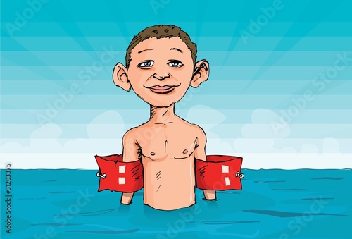 Cartoon of a boy with armbands in the water