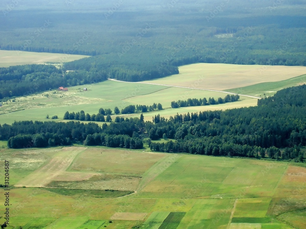 Bird flight over Lithuania lakes and forests