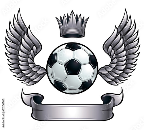 Winged soccer ball emblem with crown and ribbon.